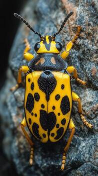Colorful Beetle Resting on a Rock With Yellow and Black Pattern in Nature photo