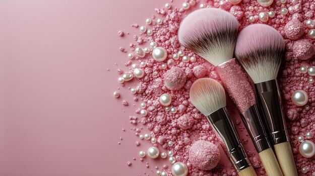 Makeup Brushes Arranged on a Soft Pink Background Accompanied by Decorative Elements photo