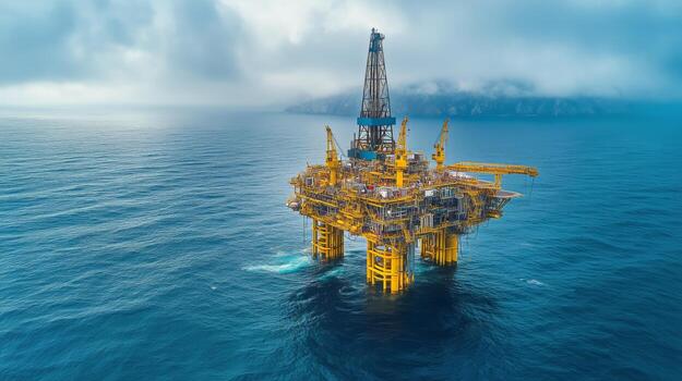 Offshore Oil Drilling Platform Stands Tall in the Ocean Against a Cloudy Sky photo