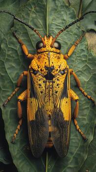 Bright Yellow Insect Resting on a Green Leaf in a Humid Forest During the Afternoon photo