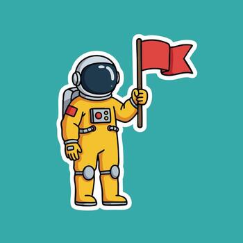 Astronaut in orange spacesuit holding red flag illustration on teal background with space exploration theme vector