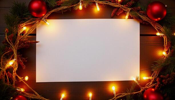 Overhead View of an Empty Card Lying Amidst a Circle of Warm Christmas String Lights photo