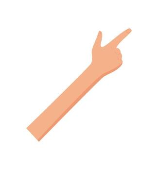Bare hand in flat style with two raised fingers. Gesture showing number two with isolated palm and fingers on white background. Simple human hand symbol for count, math, or signal. Minimal design vector