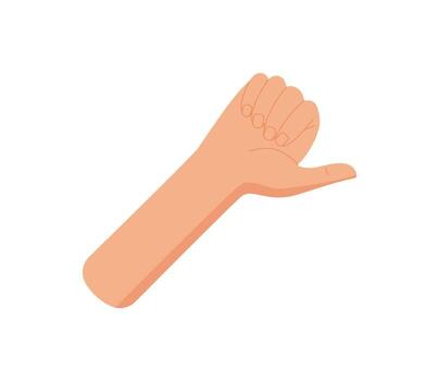 Flat cartoon hand gesture with bare arm sticker. Raised finger signals the number one with a simple and isolated pose. Represents counting, pointing, or signaling concepts. Ideal for educational, vector