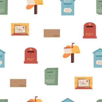 Cartoon mail seamless pattern background with letter, envelope, post, mailbox, postbox, postcard, and delivery. Cartoon envelope postbox elements, seamless design for correspondence, office, or vector