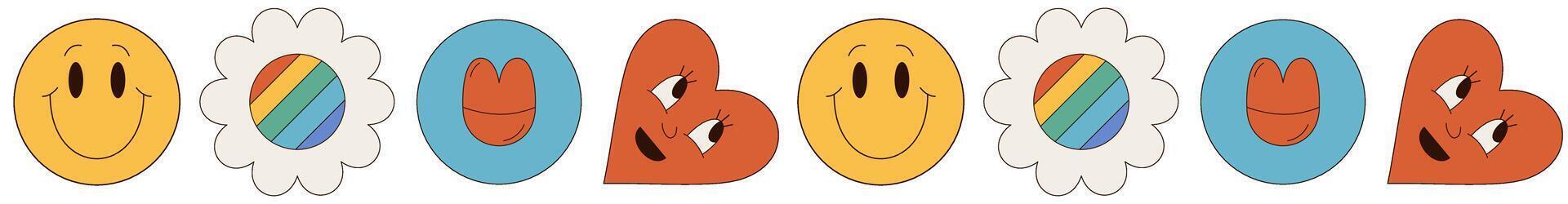 Groovy retro seamless border elements in flat style create a colorful mix of smiley, flower, heart, rainbow and sun shapes pattern. Graphic y2k visual, playful modern motif, perfect for vibrant vector