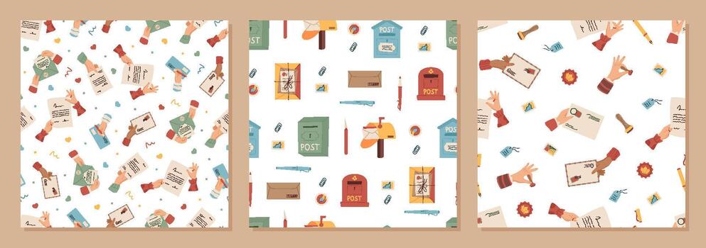 Seamless flat cartoon mail set with letter, envelope, post, stamp, hand, postbox, mailbox pattern. Mail and letter elements, cartoon post and envelope design. Pattern for correspondence, delivery vector