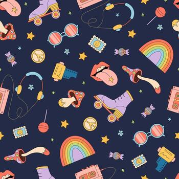 Groovy retro seamless background in vibrant psychedelic style pattern. Roller skates, cassette, rainbow and colorful music motifs add funky y2k energy. Perfect for nostalgic, playful vintage vector