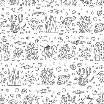 sin costura dibujos animados submarino pescado modelo en contorno estilo. Oceano arrecife plantas, acuático criaturas, y marina formas crear un garabatear antecedentes. resumen acuático textura con marina vida formularios vector