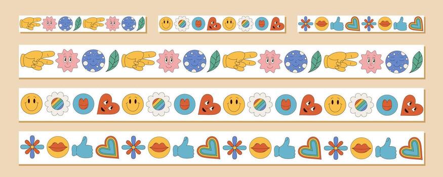 Groovy retro seamless border set in flat graphic style. Yellow and blue frame with smile, flower, heart, emoji and hand shapes. Playful y2k border design for creative projects sticker backgrounds. vector