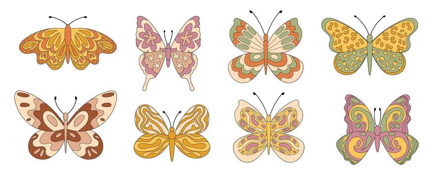maravilloso retro mariposa conjunto en plano garabatear estilo. miedoso y vistoso modelo como resumen maravilloso elemento con flor y amarillo forma para naturaleza tema. Clásico y2k, juguetón, de moda recopilación. vector
