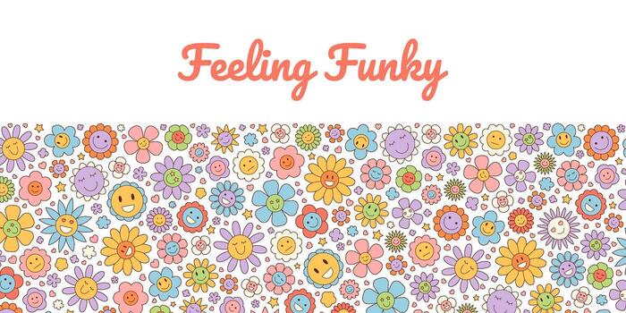 Groovy retro flower pattern with funky cartoon banner. Happy sun and colorful smile elements add y2k spirit and playful background style. Perfect for cheerful poster design. vector