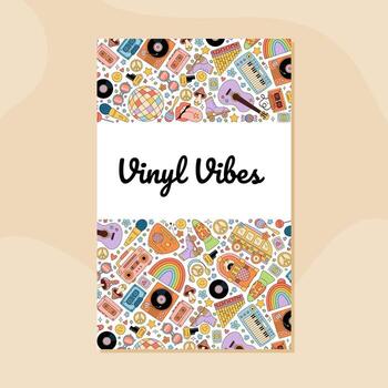 Groovy retro music poster in y2k style. Colorful banner design with pattern of record, cassette, guitar, boombox, radio, and synthesizer, ideal for disco party background and vibrant decor. vector