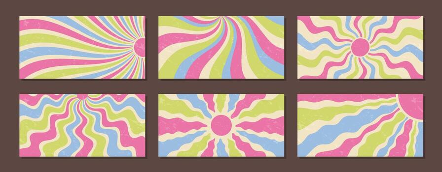 Groovy retro sun burst pattern set in horizontal style. Vintage sunshine wave and wavy swirl with yellow grungy texture as abstract y2k background. Creative graphic for playful wallpaper or fun vector