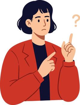 Woman in red jacket showing doubt with question mark illustration expressing confusion and uncertainty in thinking pose vector