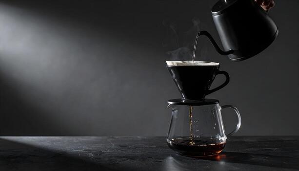 Hyper-realistic, moody, close-up shot of a slow-coffee pour-over brewing process steaming water from a kettle into a filter on a carafe. photo