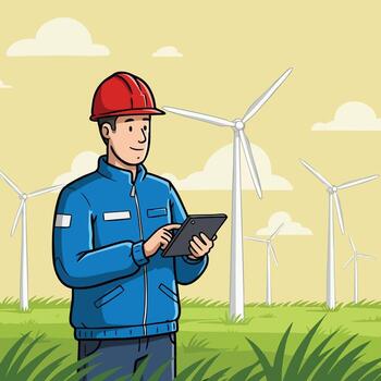 Engineer in red helmet working on tablet at wind turbine farm with green grass and cloudy sky background illustration vector