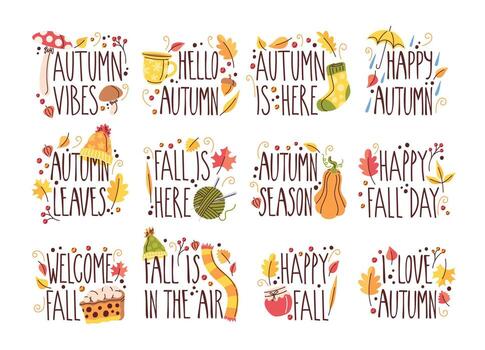 Autumn labels set with handwritten greeting text and seasonal attributes hand drawn elements vector