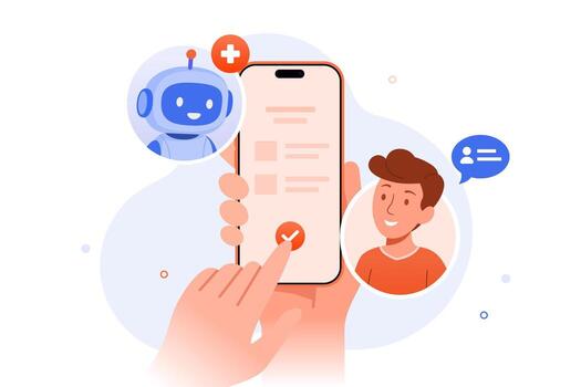 Hands holding a smartphone with an AI medical chatbot and a male patient communicating in an app, completing a task with a checkmark. Mobile healthcare illustration concept. vector