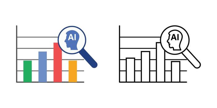 AI audit chart icon showing a magnifier inspecting an AI output graph with fairness marks. Great for illustrating AI transparency, algorithm accountability, and ethical data review concepts. vector