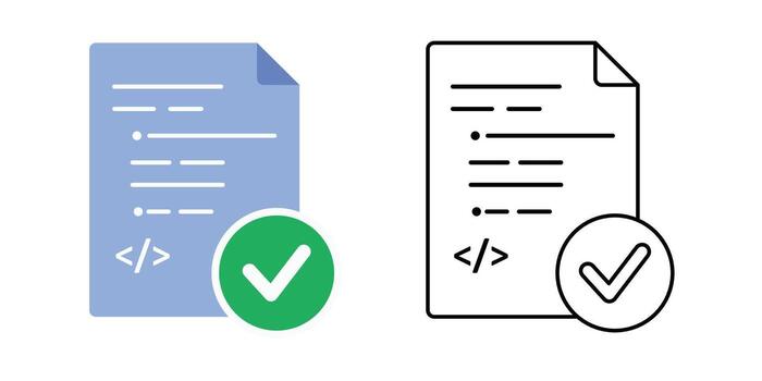 verificado algoritmo icono presentando un código sábana con un marca de verificación insignia. Perfecto para ai validación sistemas, software pruebas procesos, y algoritmo Certificación efectos visuales vector