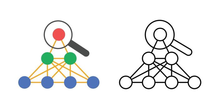Explainable layers icon showing stacked neural network layers with a magnifier highlighting one section. Ideal for illustrating model interpretability, layer transparency. vector