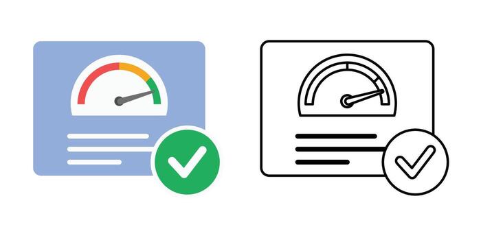 Trust dashboard icon featuring an analytics panel with a trust meter gauge and a checkmark. Ideal for ethical ai performance review, transparency analytics, and trustworthy system design themes. vector