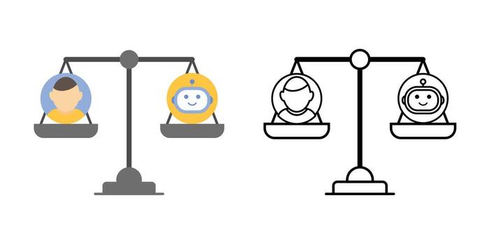Fairness scale icon showing a balanced digital scale with human and AI symbols. Perfect for illustrating ethical AI balance, fairness in algorithms, and responsible technology principles. vector