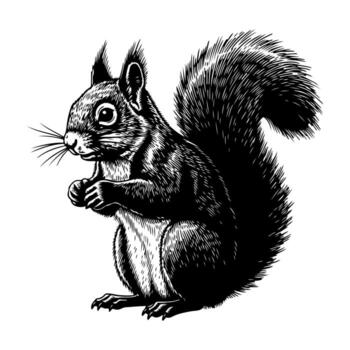 A side-view, black and white sketch of a squirrel holding a nut, using cross-hatching vector