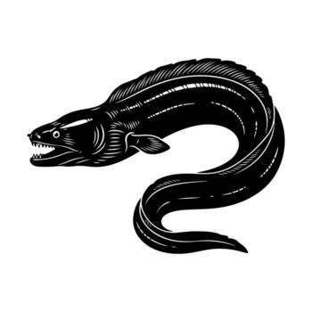 A stark, black and white illustration of an eel with an open mouth and many sharp teeth vector