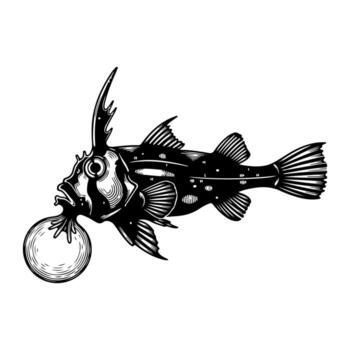 Ink drawing of a unique fish, with spiky protrusions, circular object held by the mouth vector