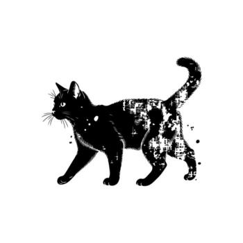 A black cat in profile, walking left with detailed textures and digital effects on a white background vector