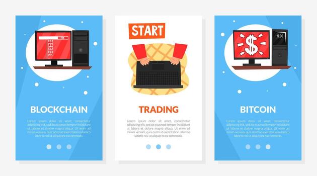 Bitcoin Trading and Blockchain Web Banner with Computer System Template vector