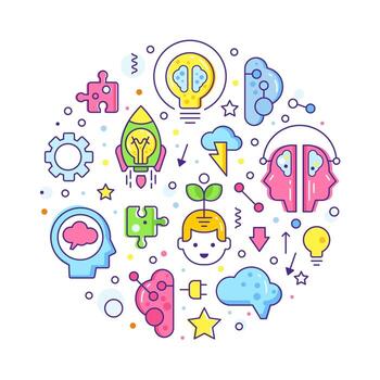 Brain and Creative Mind Design with Line Icon Arranged in Circle Template vector