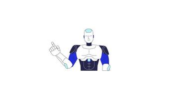 Smiling robot gesturing upward with finger 2D character animation. Technology mascot. Helpful guide. Robotic humanoid pointing up animated personage cartoon 4K isolated on white transparent video