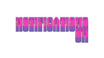 animerad cta knapp aviseringar på i dynamisk vaporwave typografi. be abonnent till sväng på varningar. slät text animering med skiktad skuggor glidning upp och ner. retro Vinka rörelse grafik video