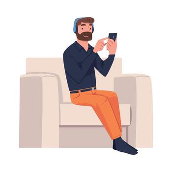 hombre personaje con auricular y digital dispositivo sentado en Sillón sufrimiento desde Internet adiccion ilustración vector