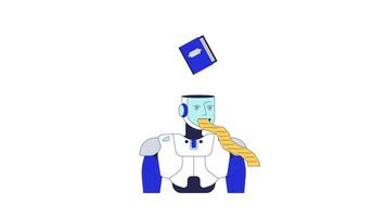 ai robot consumando libri e generando dati 2d personaggio animazione. artificiale intelligenza macchina apprendimento, soddisfare creazione animato personaggio cartone animato 4k isolato su bianca trasparente video