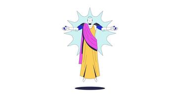 ai robot klädd som gudom flytande 2d karaktär animation. artificiell intelligens humanoid i klädnader, gudomlig aura och förlängning vapen animerad personlighet tecknad serie 4k isolerat på vit transparent video
