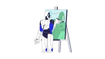 artificial inteligência pintura panorama 2d personagem animação. ai robô pintor criando generativo obra de arte em cavalete animado personagem desenho animado 4k isolado em branco transparente video