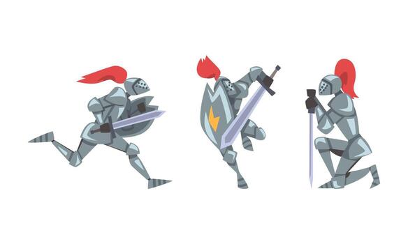 Medieval knight characters in different battle actions set illustration vector