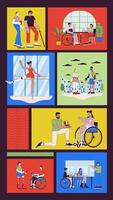 Inclusive lifestyles and relationships with disabilities animated bento grid layout. Socializing and working 2D animation flat cartoon ui collage design. Vertical 4K motion graphic collection video