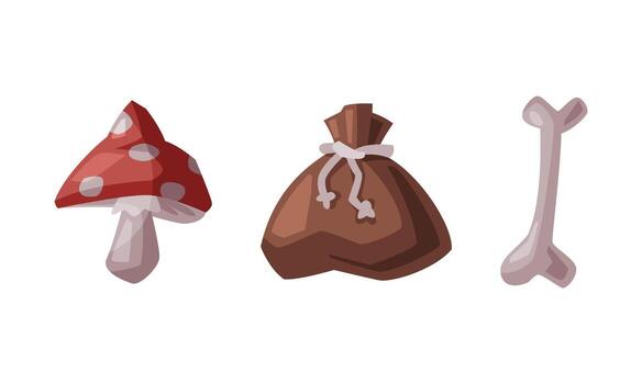Old burlap sack, amanita poisonous mushroom and bone. Witchcraft attributes, halloween objects cartoon illustration vector