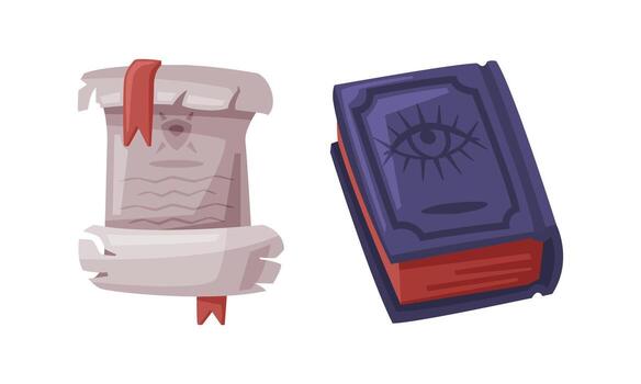 Ancient magic book and ancient paper scroll. Witchcraft attributes, halloween objects cartoon illustration vector