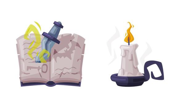 Magic book with dagger and candle in candlestick. Witchcraft attributes, halloween objects cartoon illustration vector