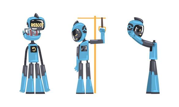 moderno robots colocar. simpático cibernético personal asistente. artificial inteligencia, científico innovación tecnologías dibujos animados ilustración vector