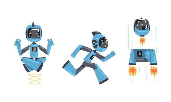 Modern robots in action set. Artificial intelligence, scientific innovation technologies cartoon illustration vector