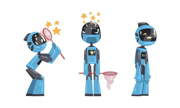 moderno simpático robots colocar. cibernético personal asistente. artificial inteligencia, científico innovación tecnologías dibujos animados ilustración vector