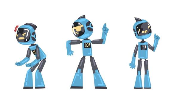 Modern robots in action set. Cybernetic personal assistant. Artificial intelligence, scientific innovation technologies cartoon illustration vector