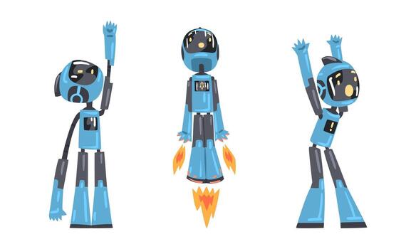 linda gracioso robot androides en acción colocar. artificial inteligencia, científico innovación tecnologías dibujos animados ilustración vector